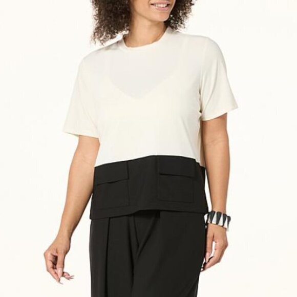 wynne Tops - Wynne Layers White Navy Blue Luxe Crepe Spliced Tee Pockets Large